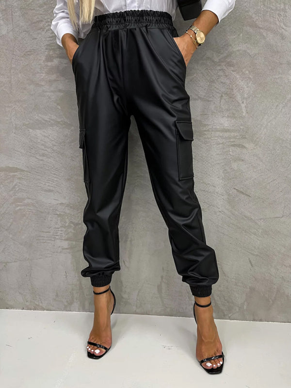 Pocket straight leg elastic waist PU leather trousers