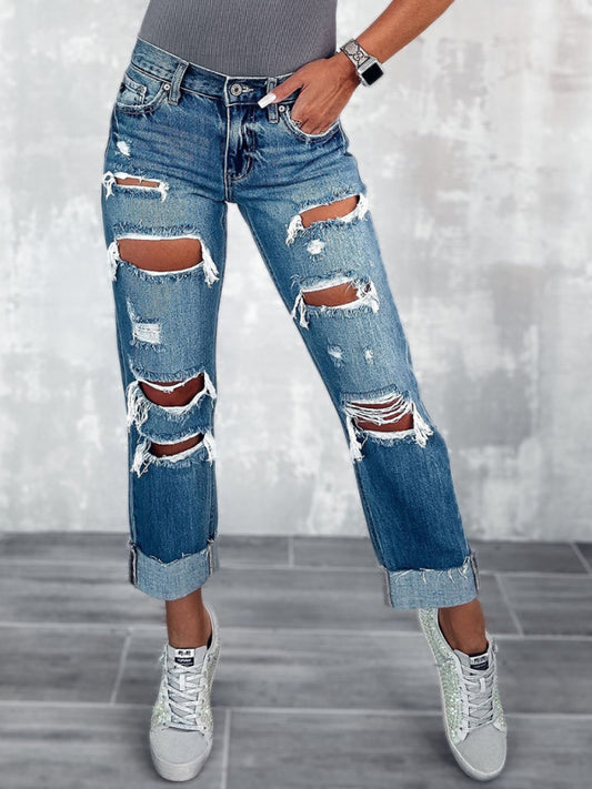 Women's high waist ripped straight leg street style long jeans