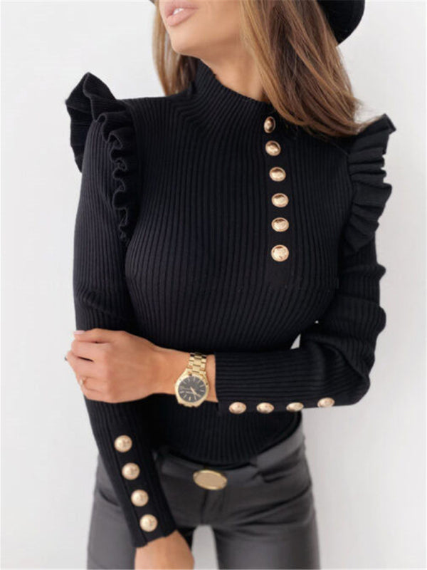 Women's Ruffled Long Sleeve Button Bottoming Knitted Top