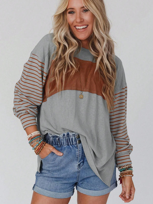 Pullover round neck casual striped contrast long-sleeved T-shirt