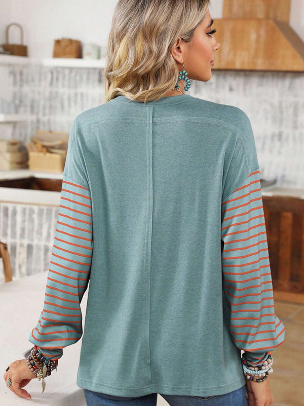 Pullover round neck casual striped contrast long-sleeved T-shirt