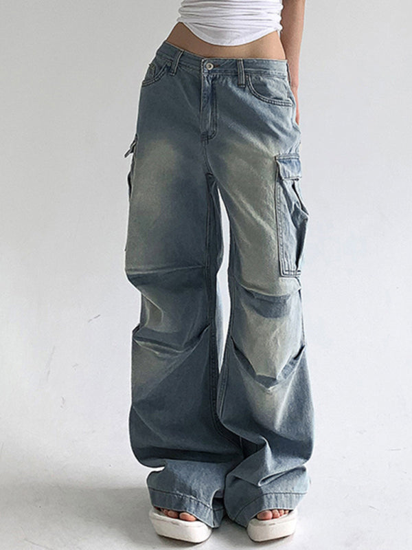Street style distressed washed pocket splicing loose straight trousers