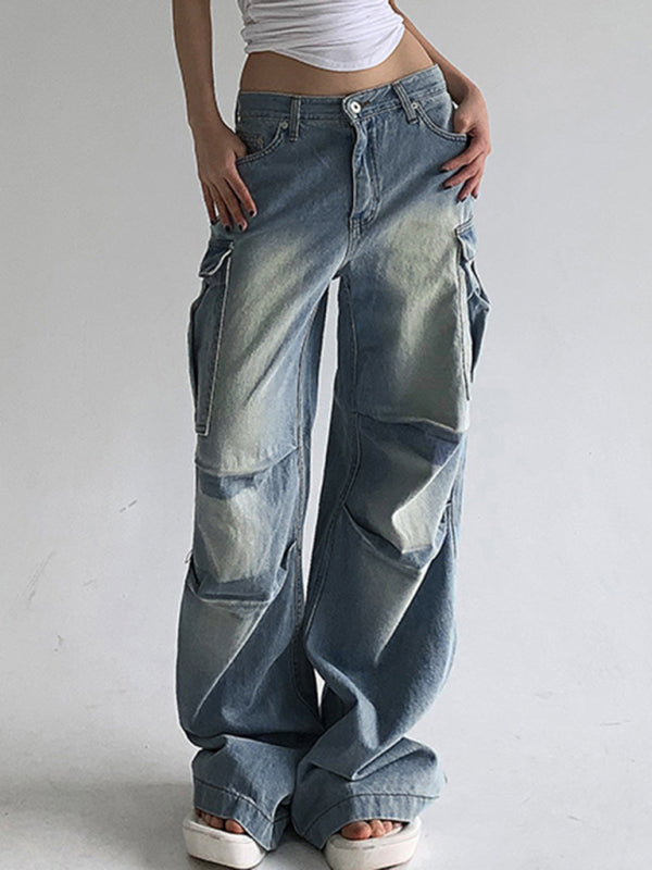 Street style distressed washed pocket splicing loose straight trousers