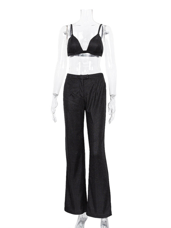 Camisole, slim straight high-waisted pants, sequined jacket suit (three-piece set)