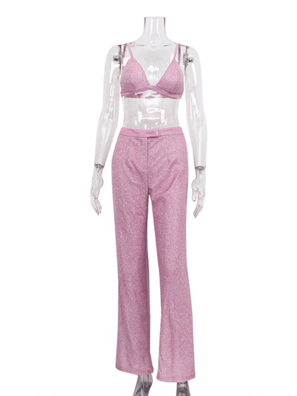 Camisole, slim straight high-waisted pants, sequined jacket suit (three-piece set)