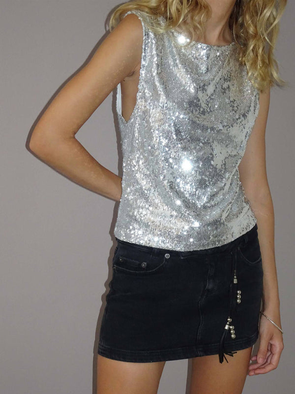 Casual loose bottoming sequined sleeveless vest top
