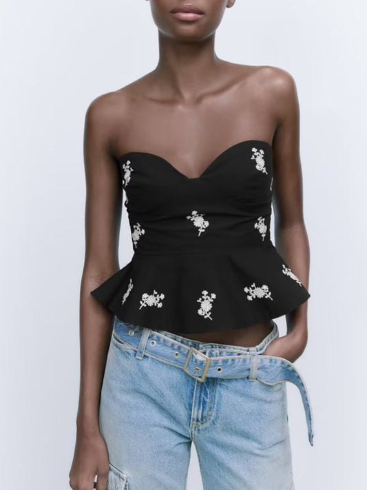 Women's floral embroidered poplin tube top