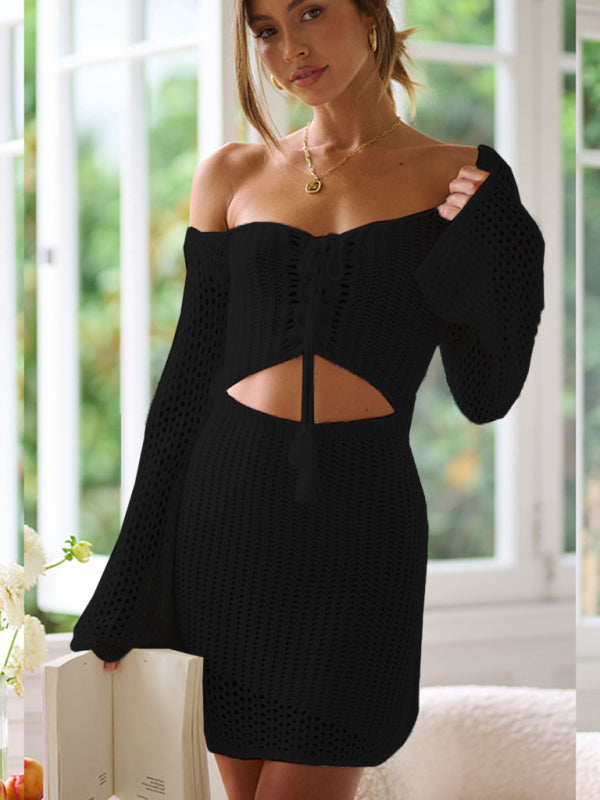 Hollow navel-baring one-shoulder, chest-wrapped, long-sleeved slim dress