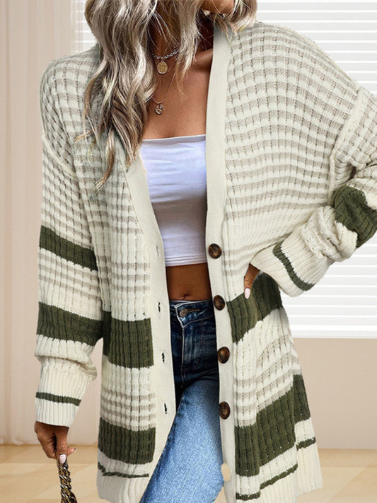 Women's mid-length striped single-breasted cardigan