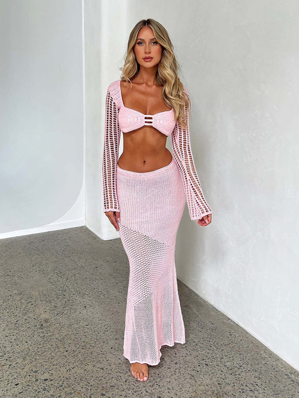 Tie long sleeve hip-hugging casual knitted maxi skirt set
