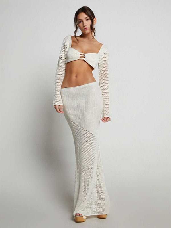 Tie long sleeve hip-hugging casual knitted maxi skirt set