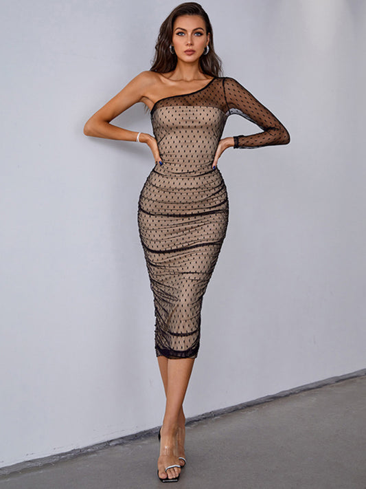 One-shoulder mesh see-through slim party dress