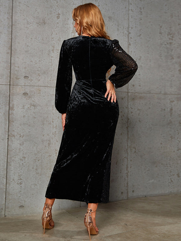 Sequined velvet patchwork high slit evening dress