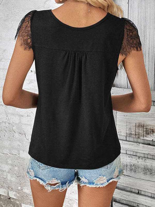 Women's short-sleeved V-neck patchwork lace top