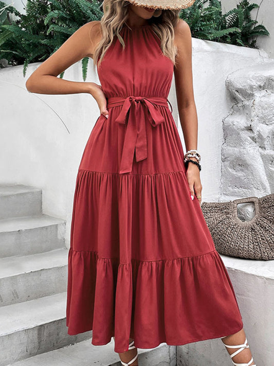 Women's halterneck solid color mid-length dress