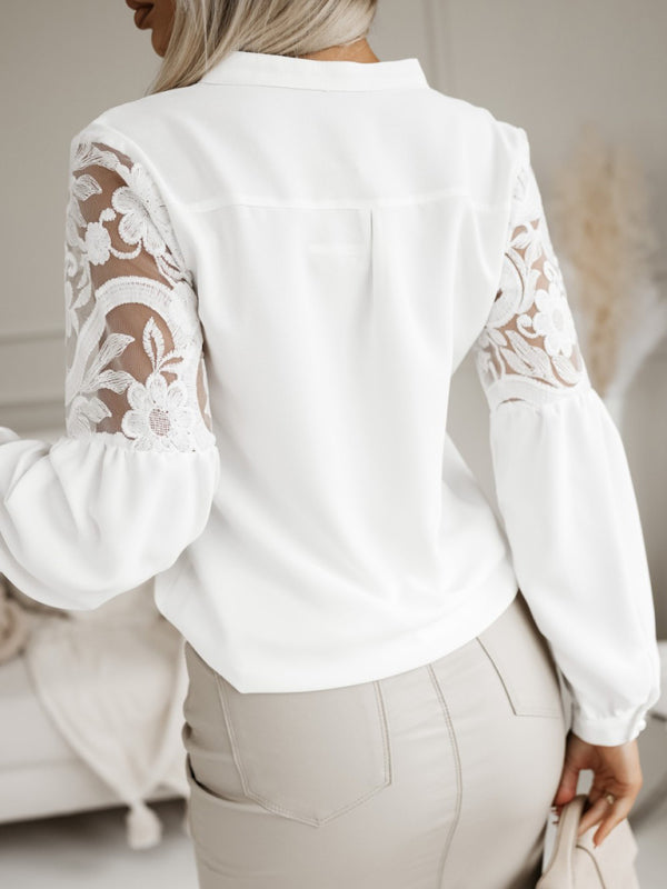 Women's solid color lace patchwork shirt