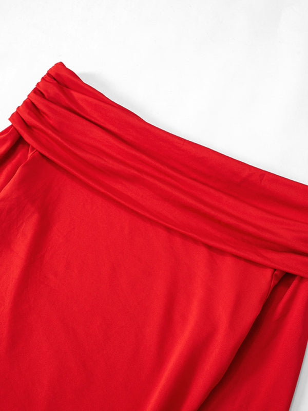 One-shoulder long-sleeved top and skirt set
