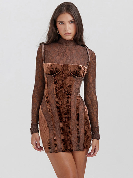High collar lace long sleeve hollow contrasting color slim fit short dress