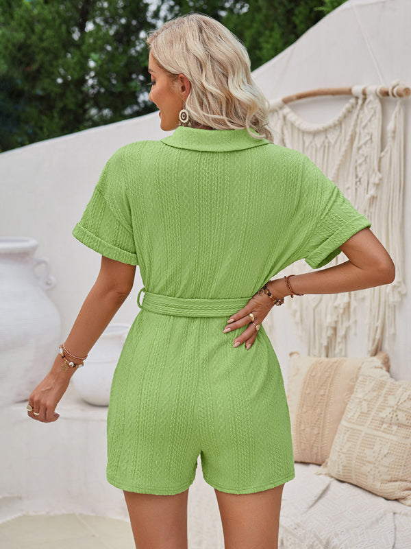 Women's short-sleeved lace-up lapel jacquard solid color short jumpsuit