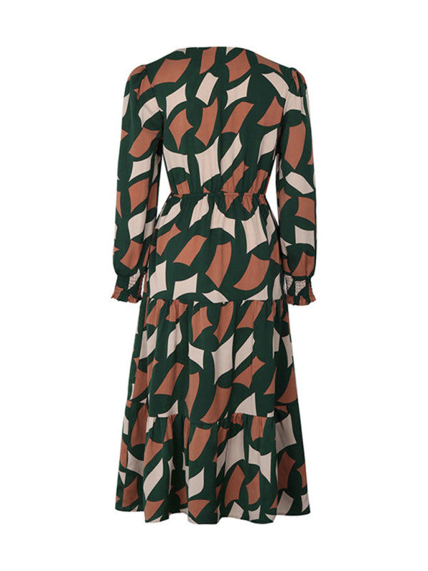 Women's Long Sleeve Geometric Print V-Neck Midi Dress