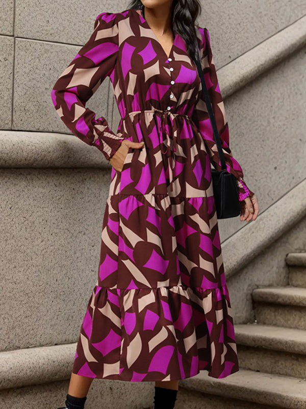 Women's Long Sleeve Geometric Print V-Neck Midi Dress