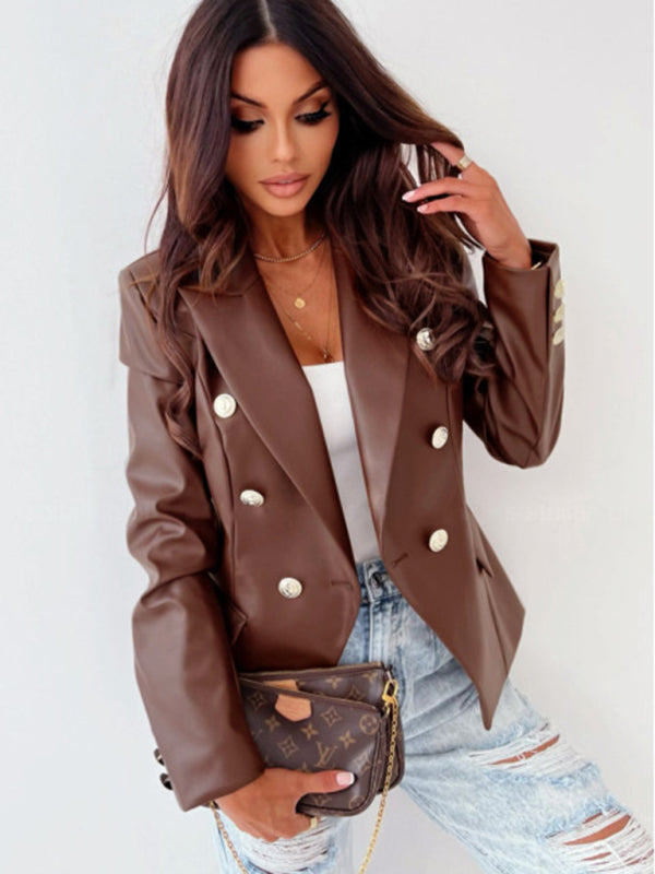 Women's long-sleeved double-breasted PU leather suit