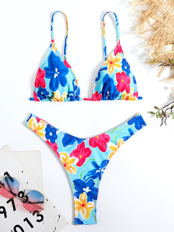 Feminine printed high-waisted strappy two-piece bikini