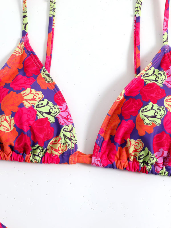 Feminine printed high-waisted strappy two-piece bikini