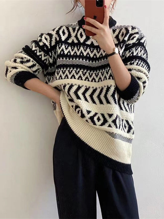Women's geometric pattern round neck pullover sweater