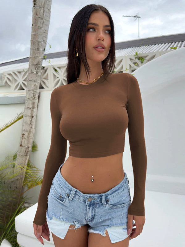 Women's tight-fitting navel-baring short long-sleeved top