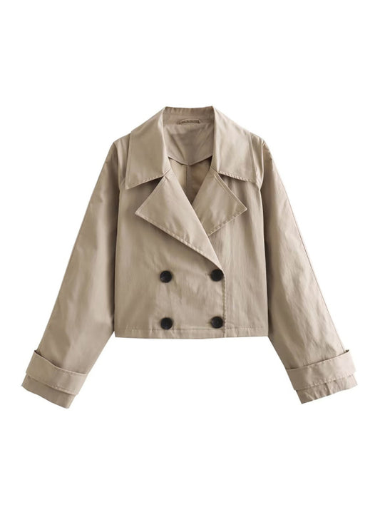 Women's Slim Long Sleeve Short Casual Windbreaker Double Breasted Jacket