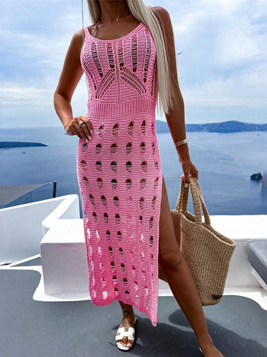 Women's knitted hollow solid color slim V-neck slit dress