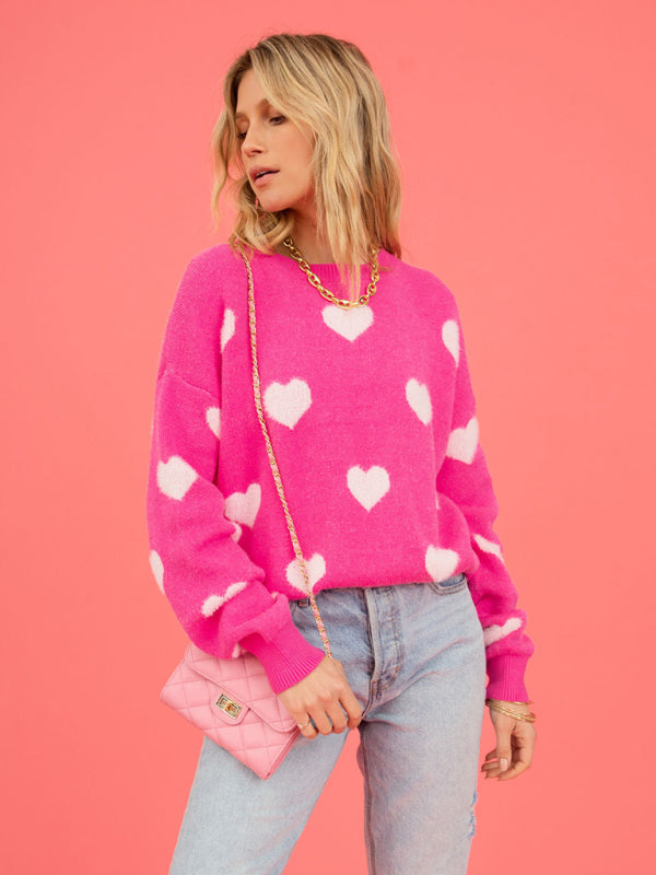 Women's Heart Round Neck Pullover Sweater