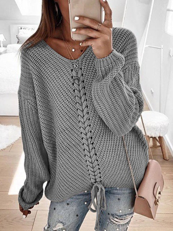 Women's long sleeve loose V-neck drawstring pullover sweater