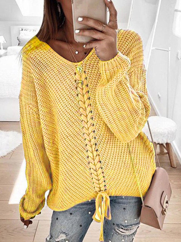 Women's long sleeve loose V-neck drawstring pullover sweater