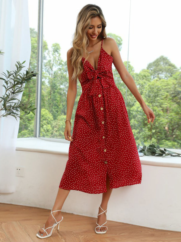 Women's polka-dot lace-up bow A-line suspender dress