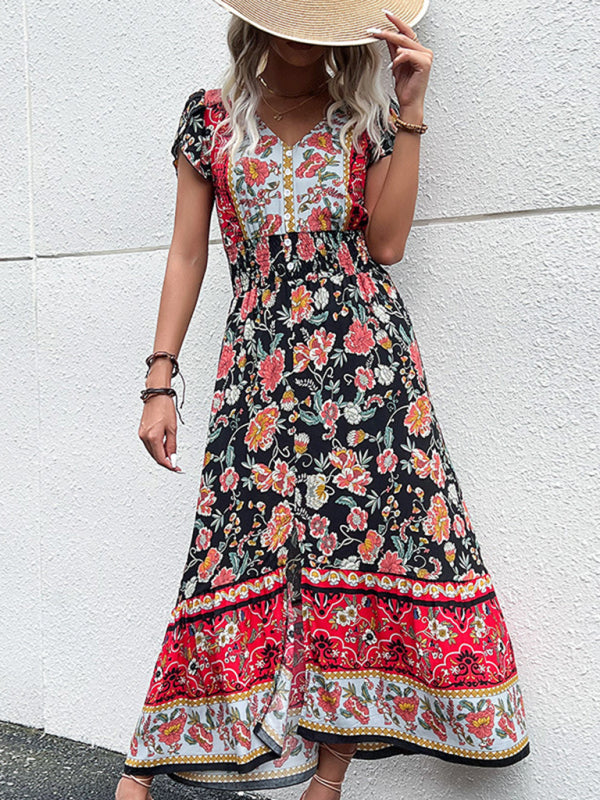 Women's v-neck ethnic style printed slit dress