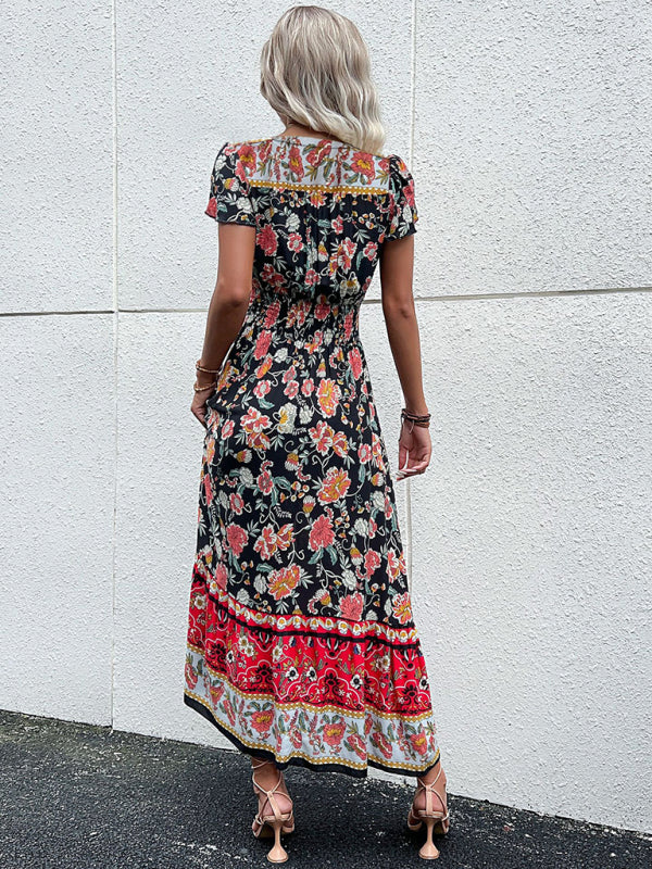 Women's v-neck ethnic style printed slit dress