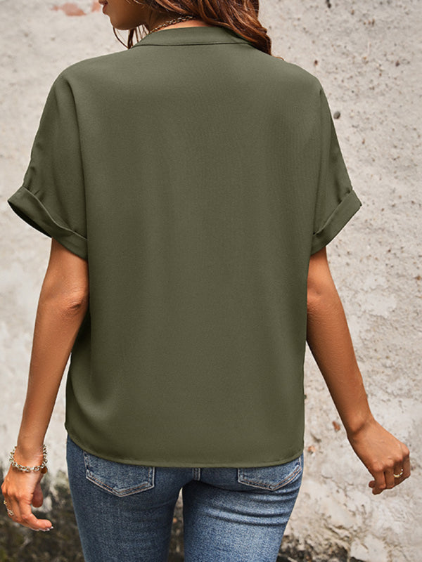 Solid color v-neck elegant commuter shirt with pockets