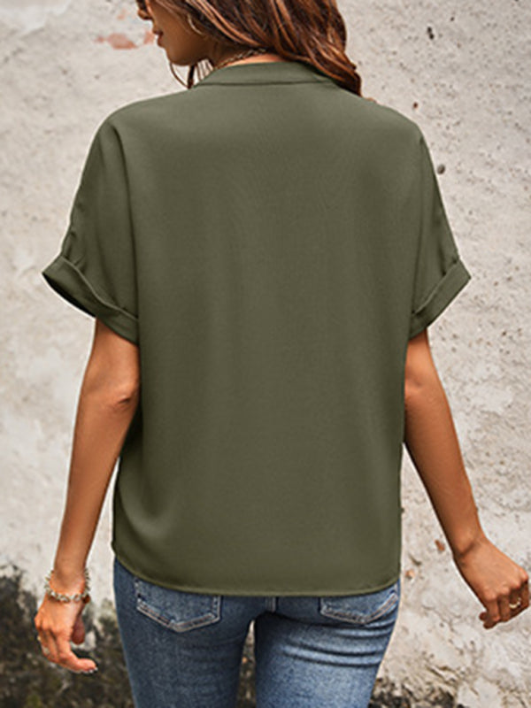 Solid color v-neck elegant commuter shirt with pockets