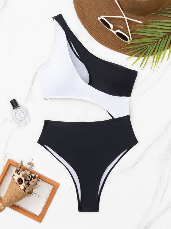 Ladies black and white stitching contrasting color hollow swimsuit