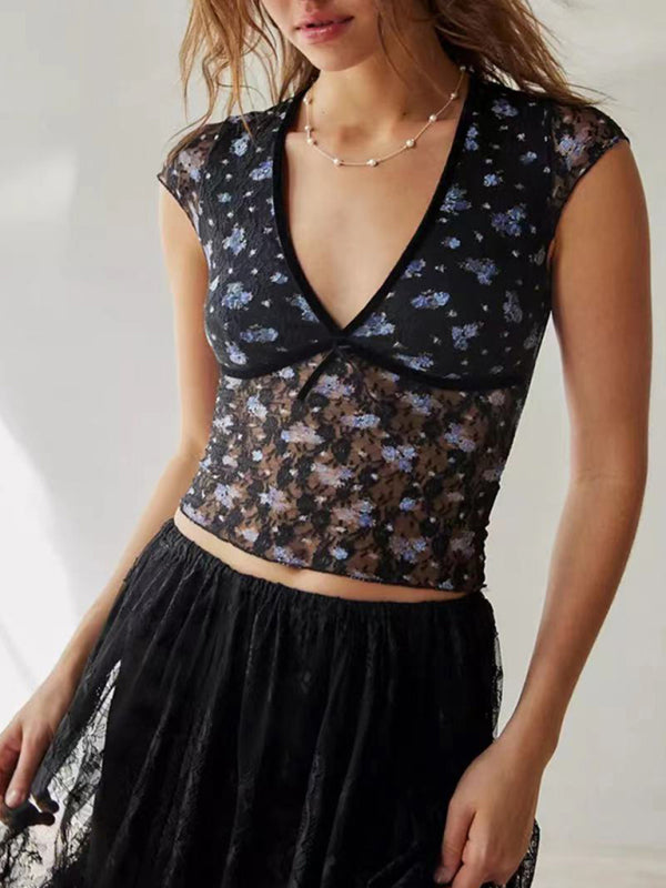 Lace V-neck short-sleeved bow top