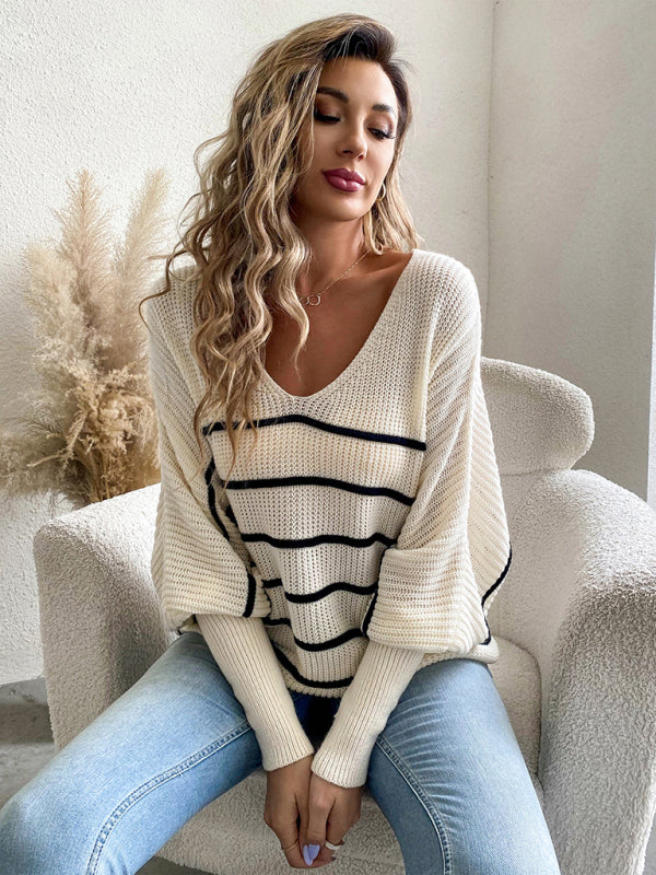 Women's casual loose striped V-neck long-sleeved sweater