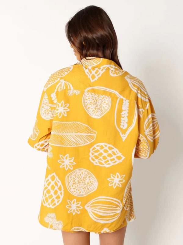 Women's Casual Premium Fruit Print Shorts Shirt Set