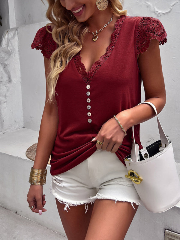 Women's V-neck patchwork lace sleeves top
