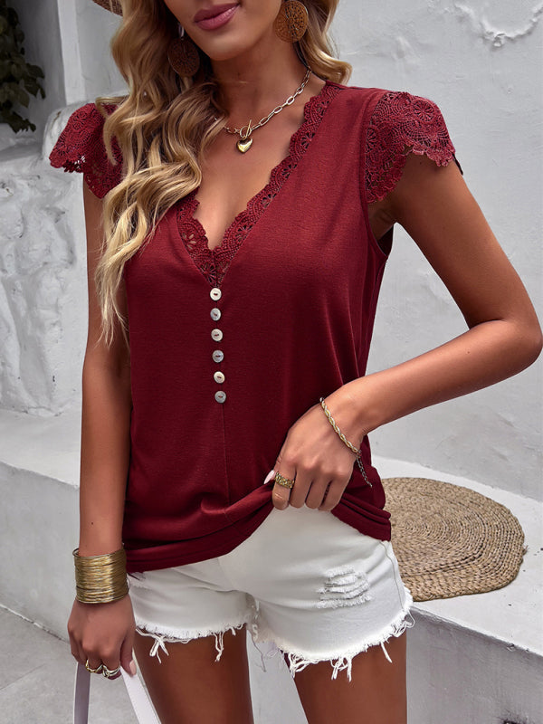 Women's V-neck patchwork lace sleeves top