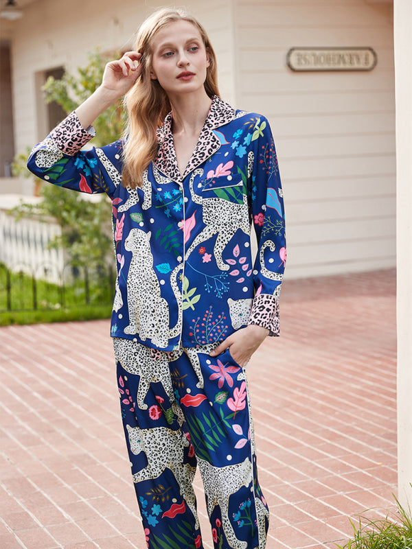 Women's printed long-sleeved shirt and trousers 2-piece set