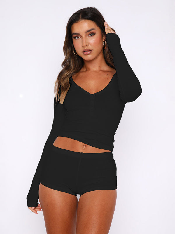 Women's knitted long-sleeved shorts two-piece set