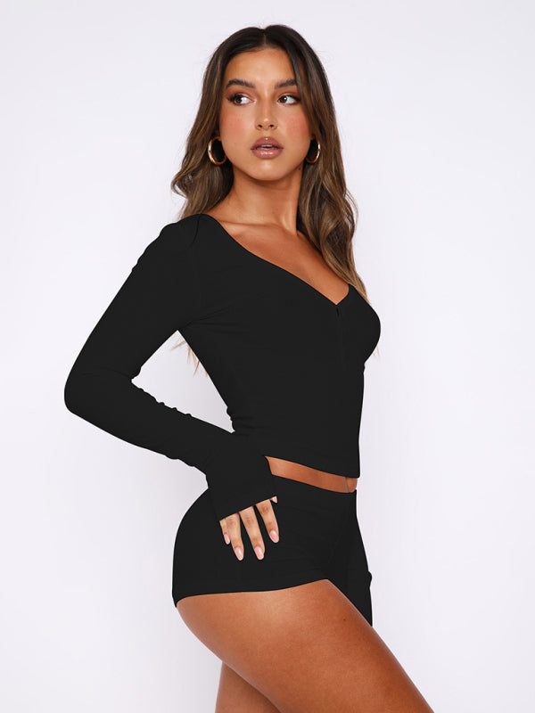 Women's knitted long-sleeved shorts two-piece set