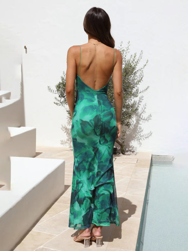 Slim and elegant printed backless dress with generous square collar